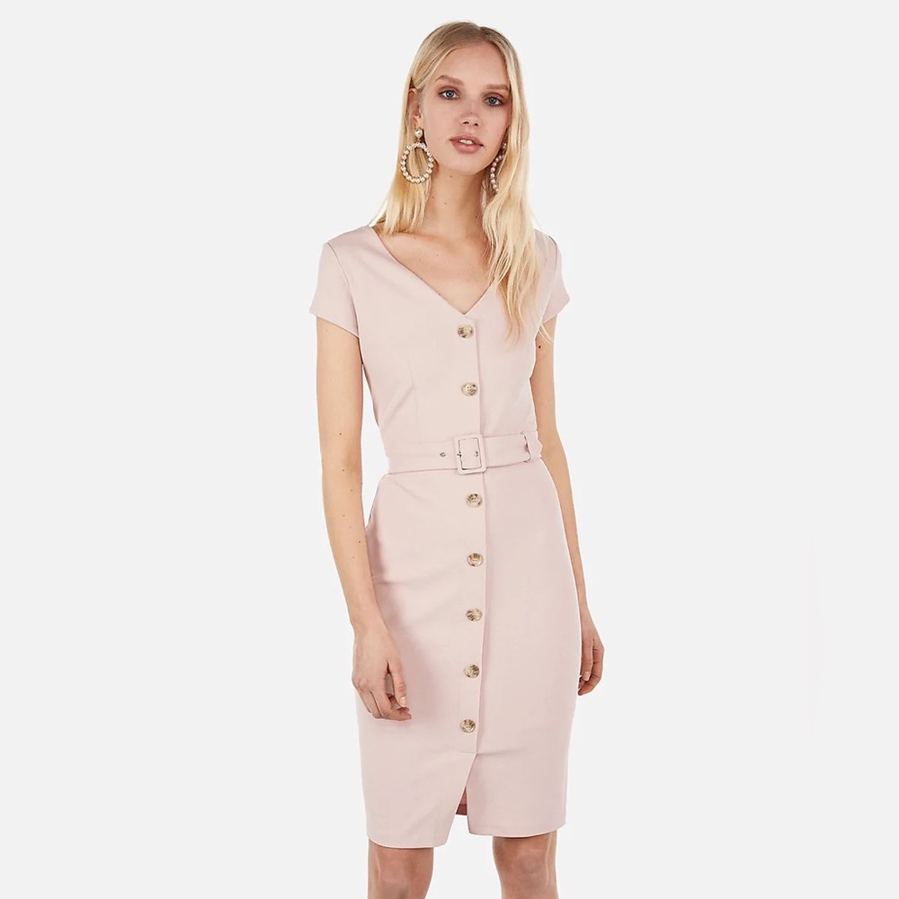 EXPRESS (BELTED BUTTON FRONT SHEATH LIGHT PINK DRESS)